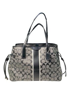 Coach Signature Stripe Carryall Drawstring Shoulder Bag Grey Black Coated Canvas